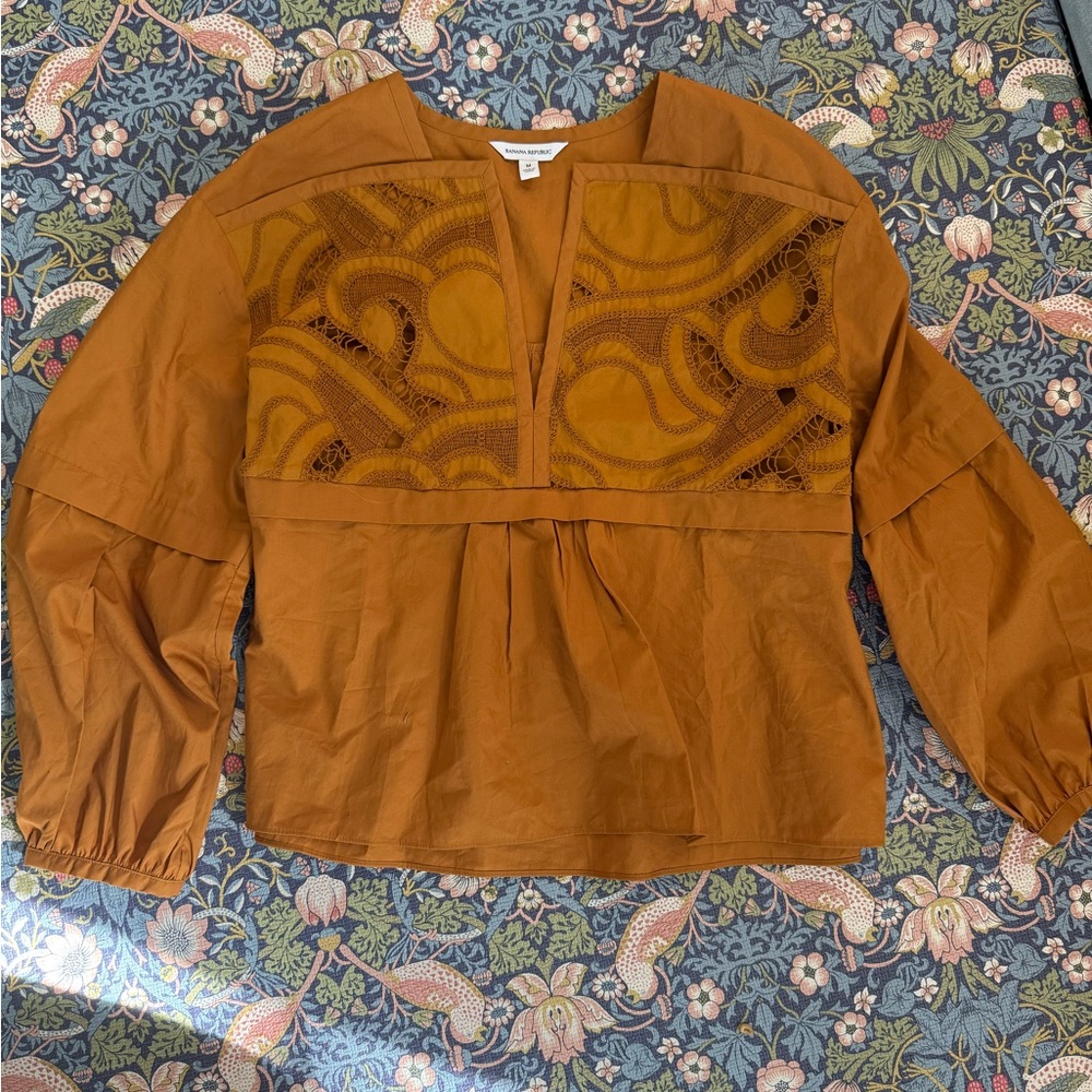 Banana Republic Rust Lace-Panel Peplum Blouse